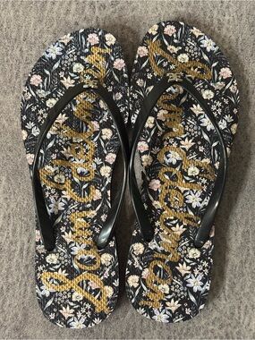 Sam Edelman Black Floral Gold Logo Flip Flops NEW